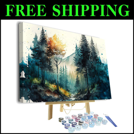 Framed Paint by Numbers Kit - Romantic Watercolor Forest Art for All Ages