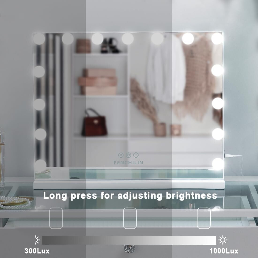Elegant Dimmable Vanity Mirror with Touch Controls & 10X Magnifying Feature