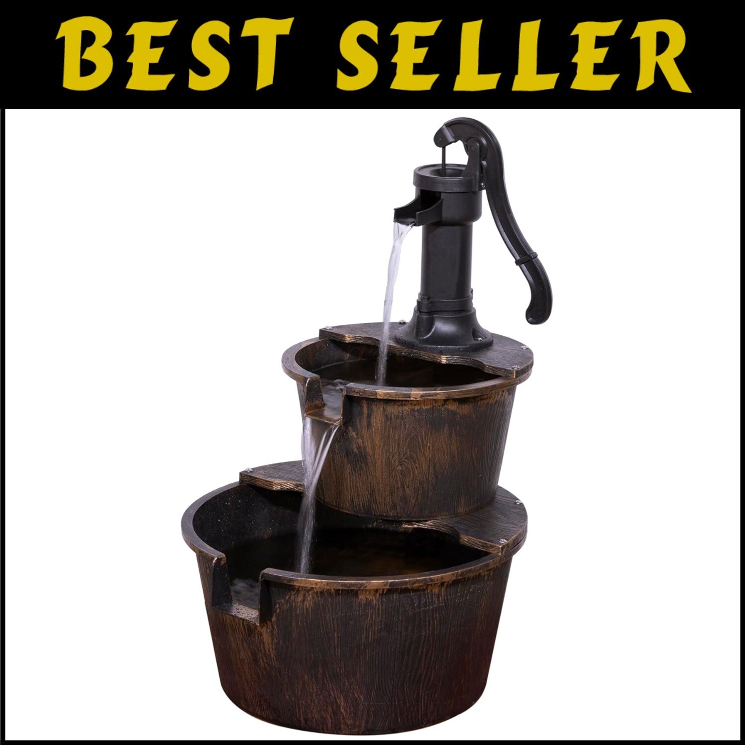 27" Outdoor Rustic 2-Tier Barrel & Pump Fountain - Bronze Finish & Peaceful Flow