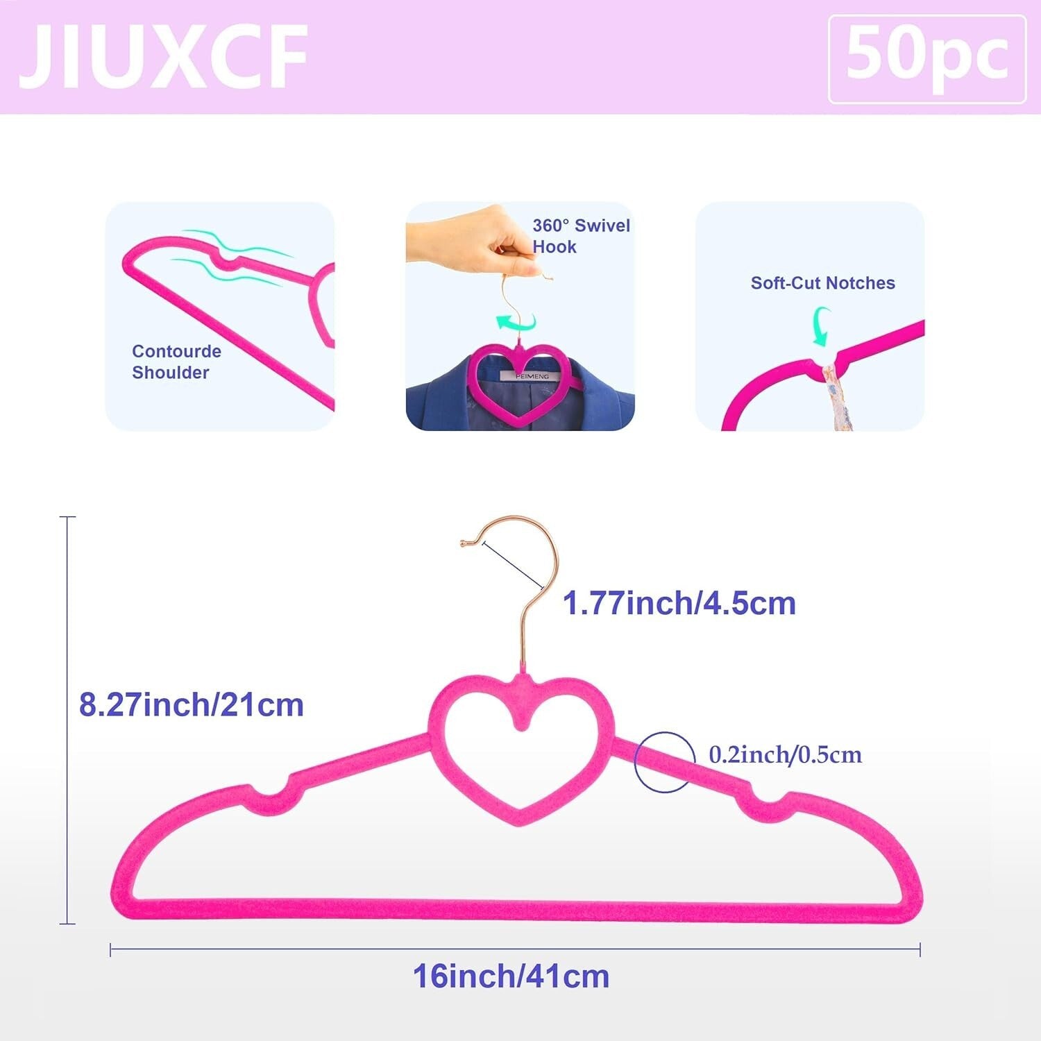 Premium Non-Slip Velvet Hangers 50 Pack - 360 Swivel Rose Gold Hooks, Hot Pink