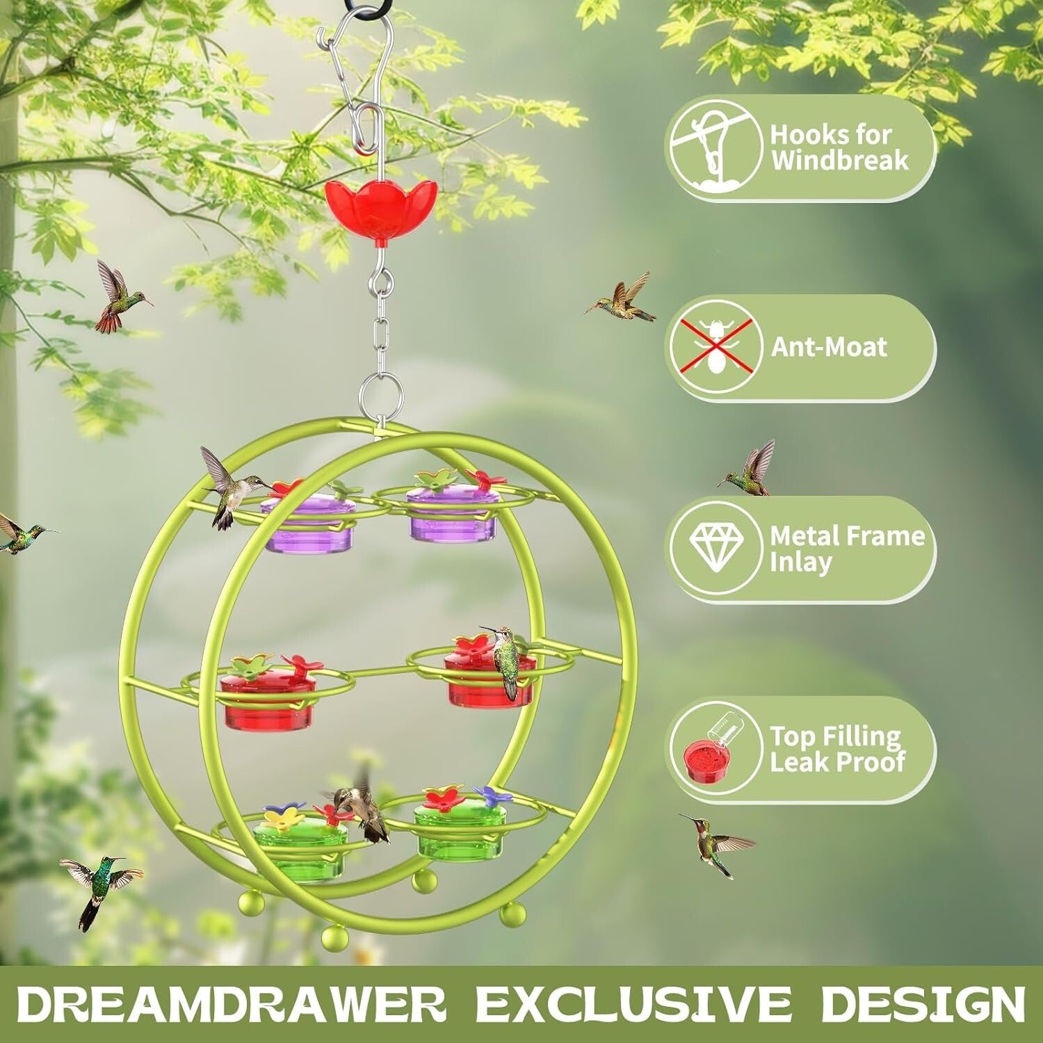 Unique Multi-Port Hummingbird Feeder - Top Fill & Leak-Proof Design in Green