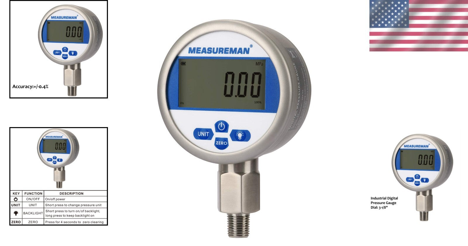 Battery-Powered Digital Pressure Gauge 0-10000psi - Compact Stainless Steel Case
