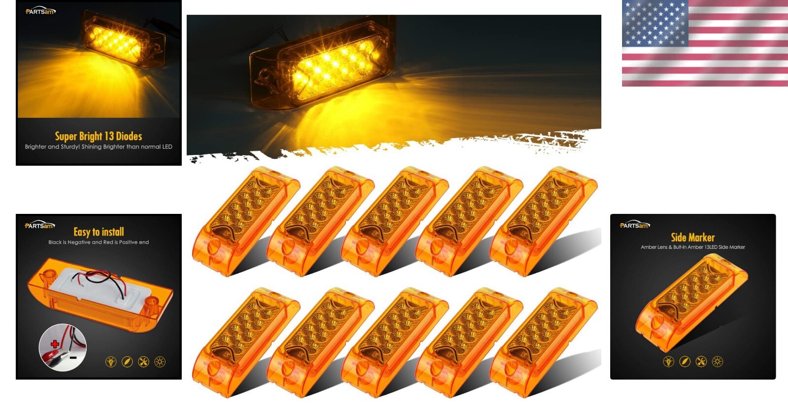 Upgrade Your Safety with 13 LED Amber Clearance and Side Marker Lights - 10 Pcs