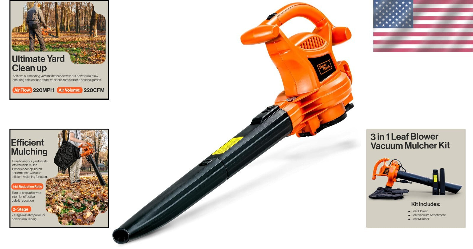 120V 3-in-1 Leaf Blower, Vacuum & Mulcher - Lightweight & Powerful for Yard Care