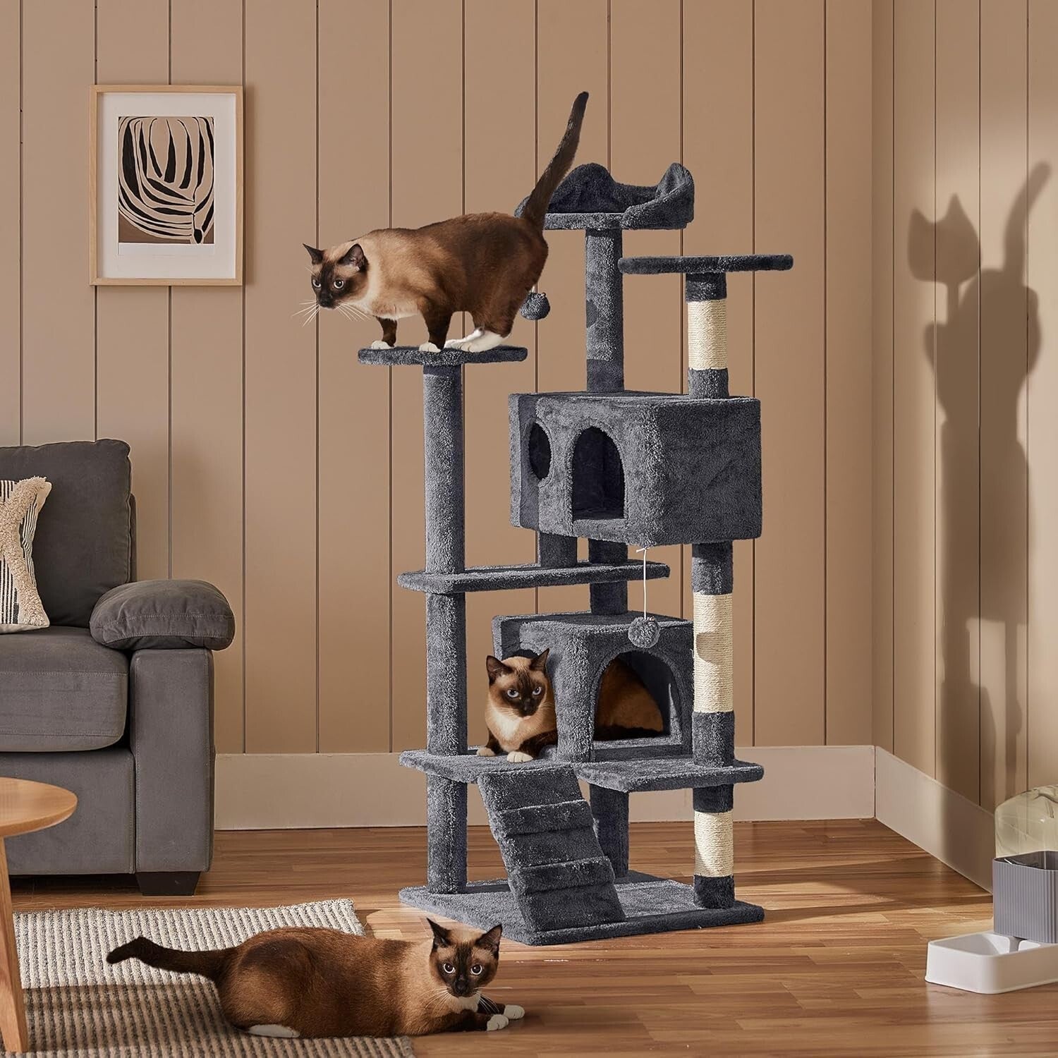 Durable 54-Inch Cat Tower with Plush Hideaways and Interactive Dangling Balls