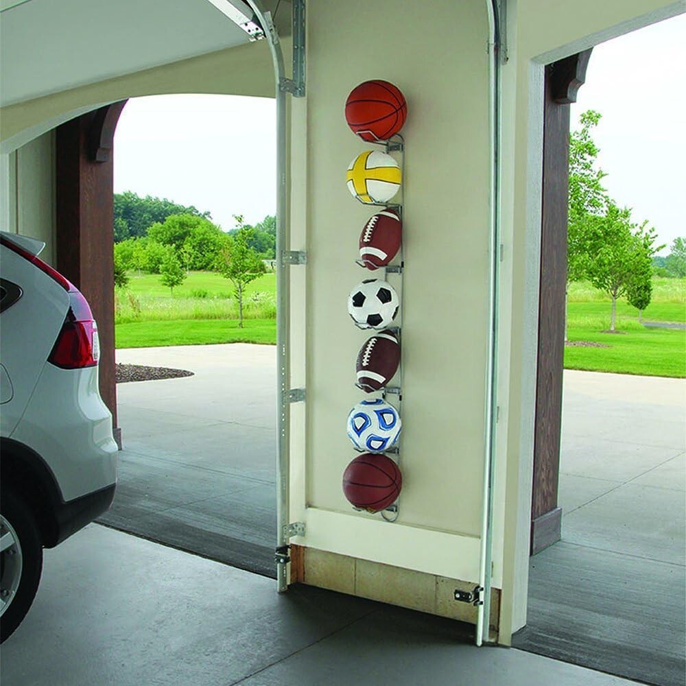 Space-Saving Silver 7-Ball Sports Rack for Efficient Garage Organization