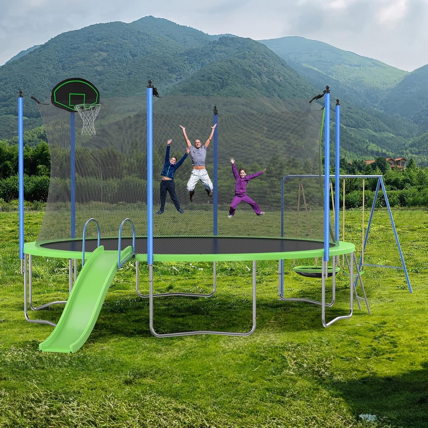 Ultimate 14FT Trampoline Set with Slide, Swings & Basketball Hoop - Family Fun