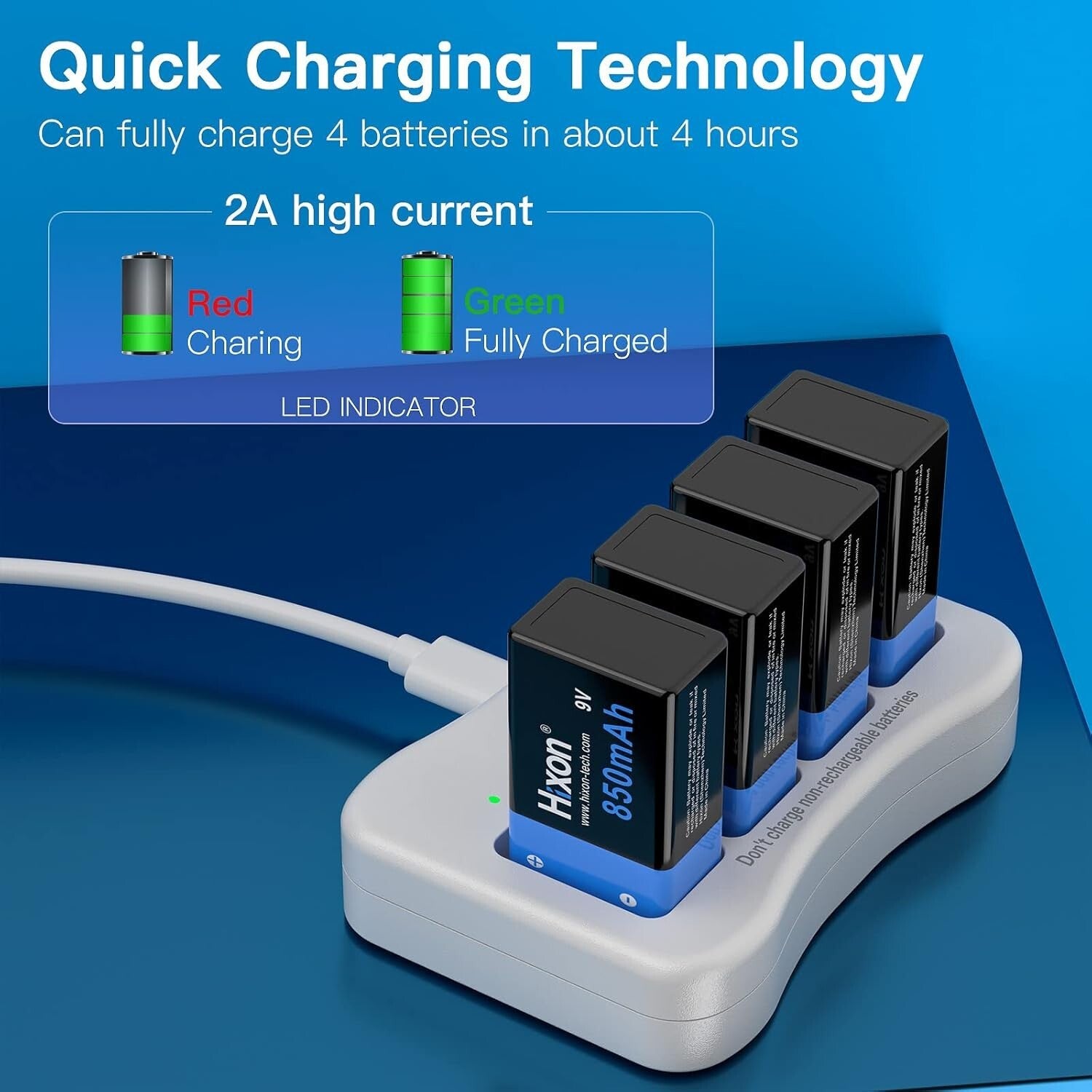 Fast-Charging 9V Battery Set - 850mAh Rechargeable Lithium Pack with Charger