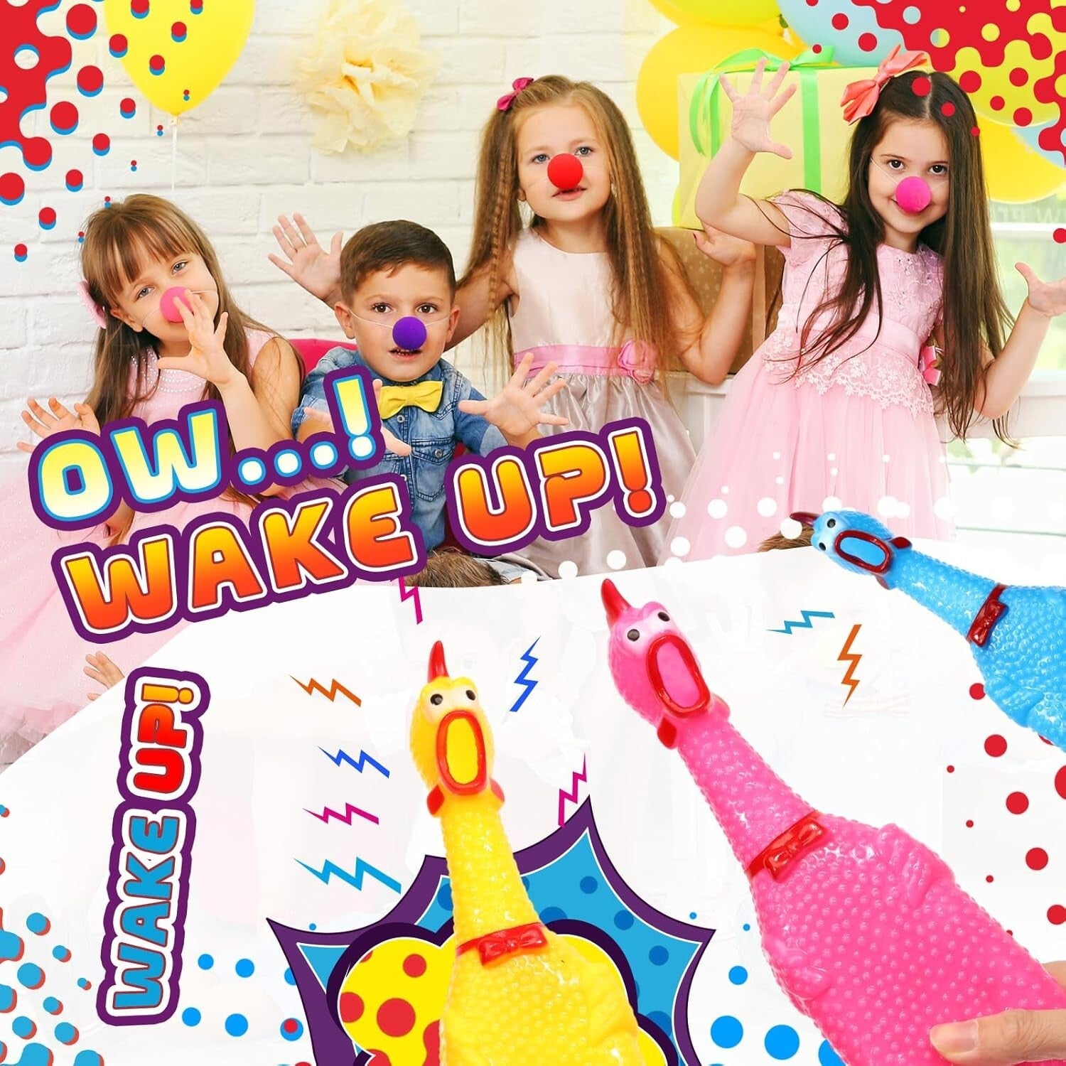 Funny 12'' Rubber Chicken Toy Set - 32 Multi-Colored Squeaky Stress Busters