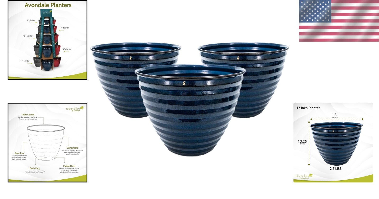 High-Gloss 12" Ironstone Midnight Sapphire Planters - Lightweight & Durable Set