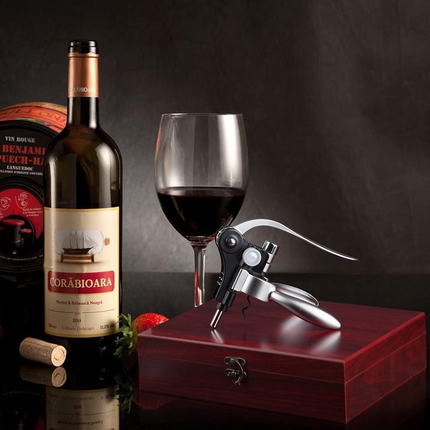 Elegant Wine Accessories Kit with Corkscrew, Foil Cutter & Wooden Gift Box