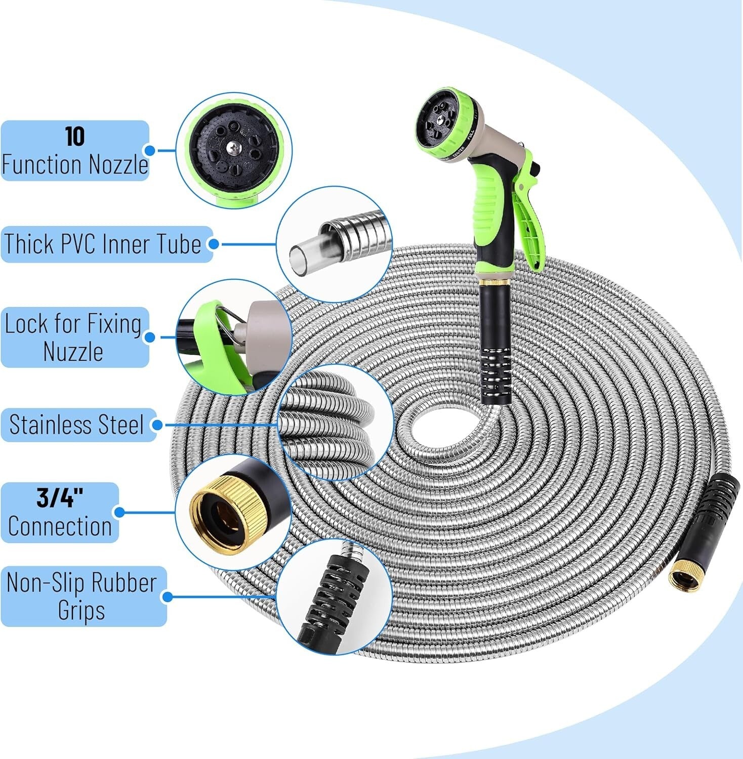 Durable 50-Ft Stainless Steel Garden Hose with Tangle-Free 10-Function Nozzle