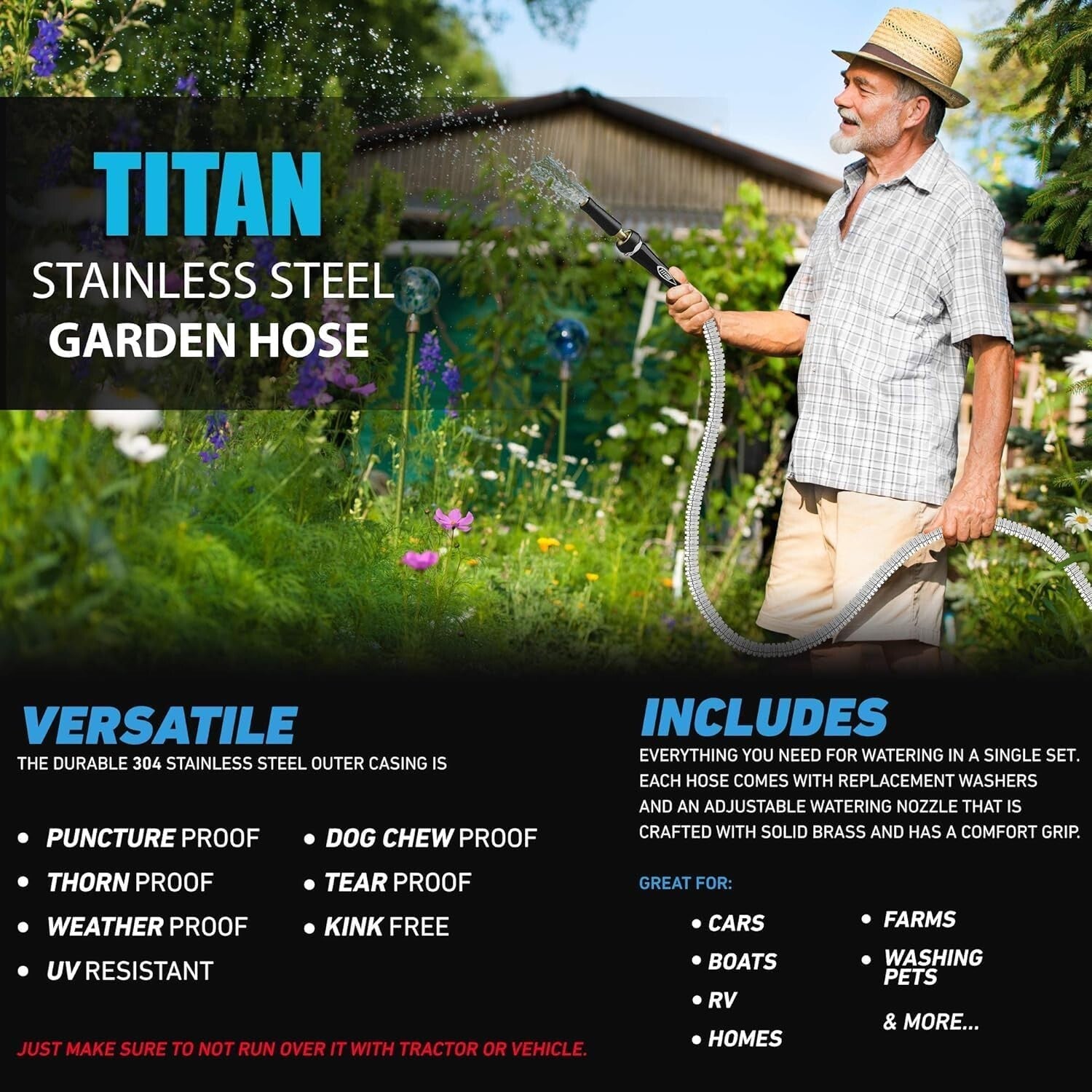 Durable 150FT Stainless Steel Garden Hose with Crush-Proof Fittings - 500 PSI