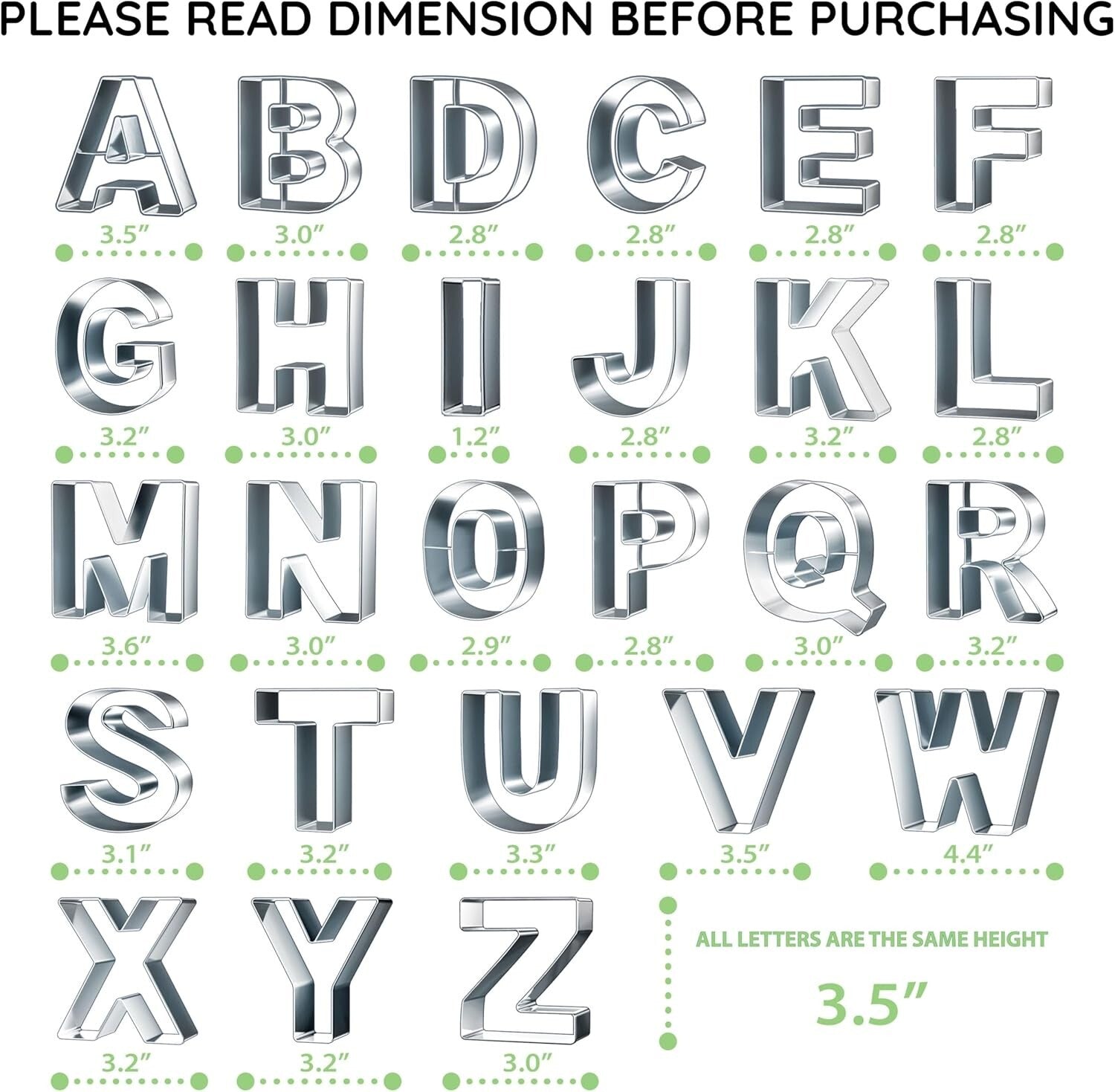 Polished Stainless Steel 3.5" Alphabet Cookie Cutters - 26 Piece Set for Bakers