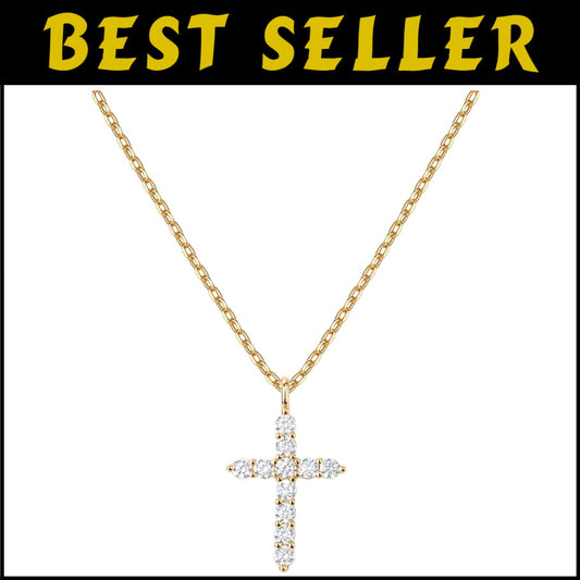 American-Made 14K Gold Cross Necklace with Adjustable Chain & Stunning Zirconia