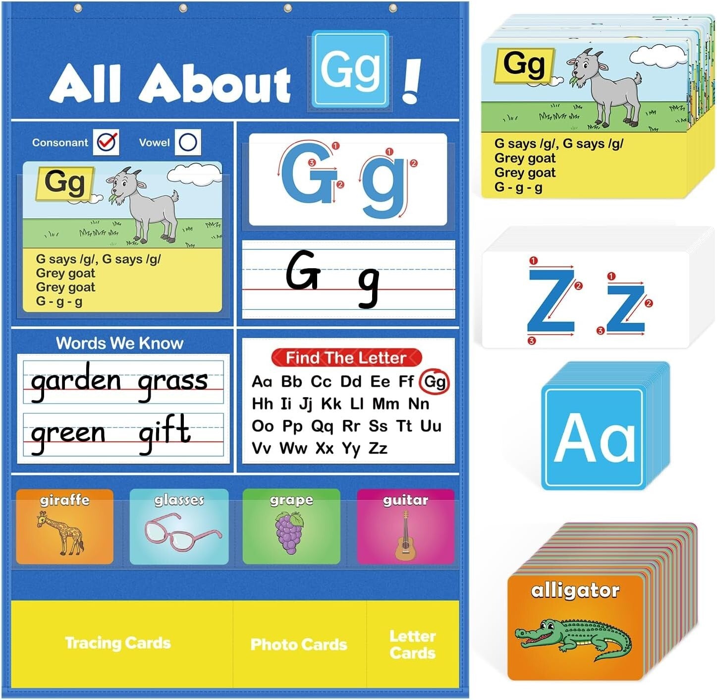 Interactive Alphabet Learning Pocket Chart with Write & Wipe Surface for Kids