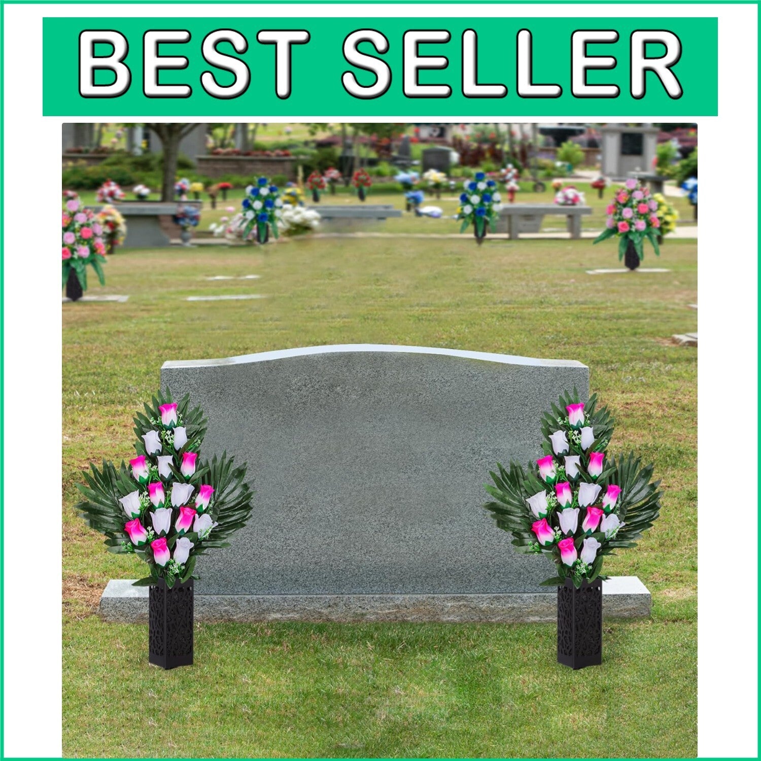 Beautiful Memorial Roses - 2 Sets of Artificial Cemetery Flowers with Vases