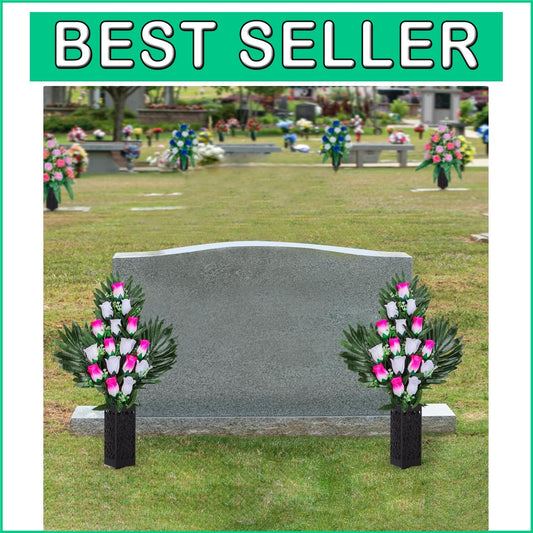 Beautiful Memorial Roses - 2 Sets of Artificial Cemetery Flowers with Vases