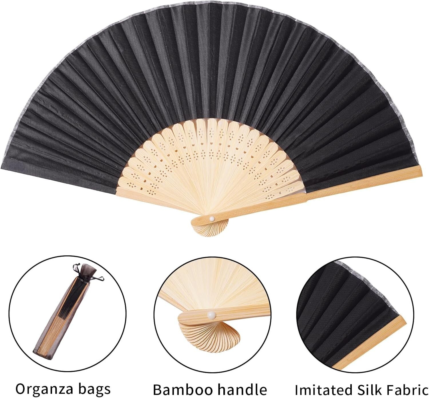 Elegant 50pcs Black Fabric Hand Fans with Organza Bags - Perfect for Weddings