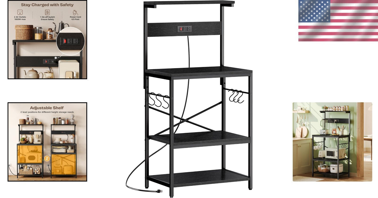 Functional Microwave Stand with Storage and Adjustable Shelves - Black Finish