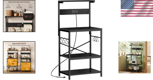 Functional Microwave Stand with Storage and Adjustable Shelves - Black Finish