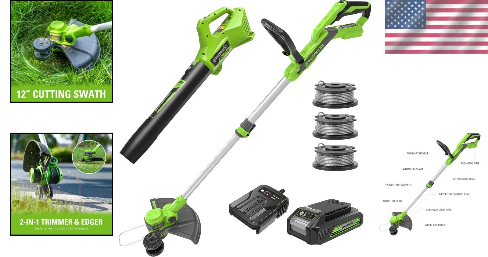 All-in-One 24V Lawn Care Combo: 12” String Trimmer and Blower with Accessories