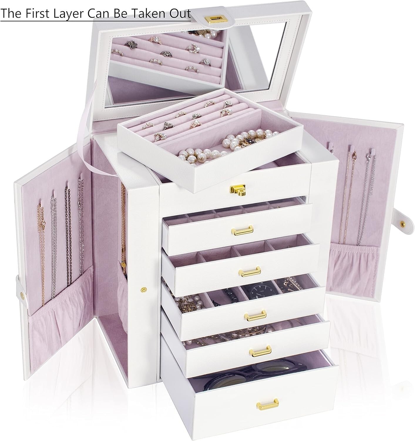 Portable 6-Tier Jewelry Organizer with 5 Drawers and Velvet Lining - Gift Idea