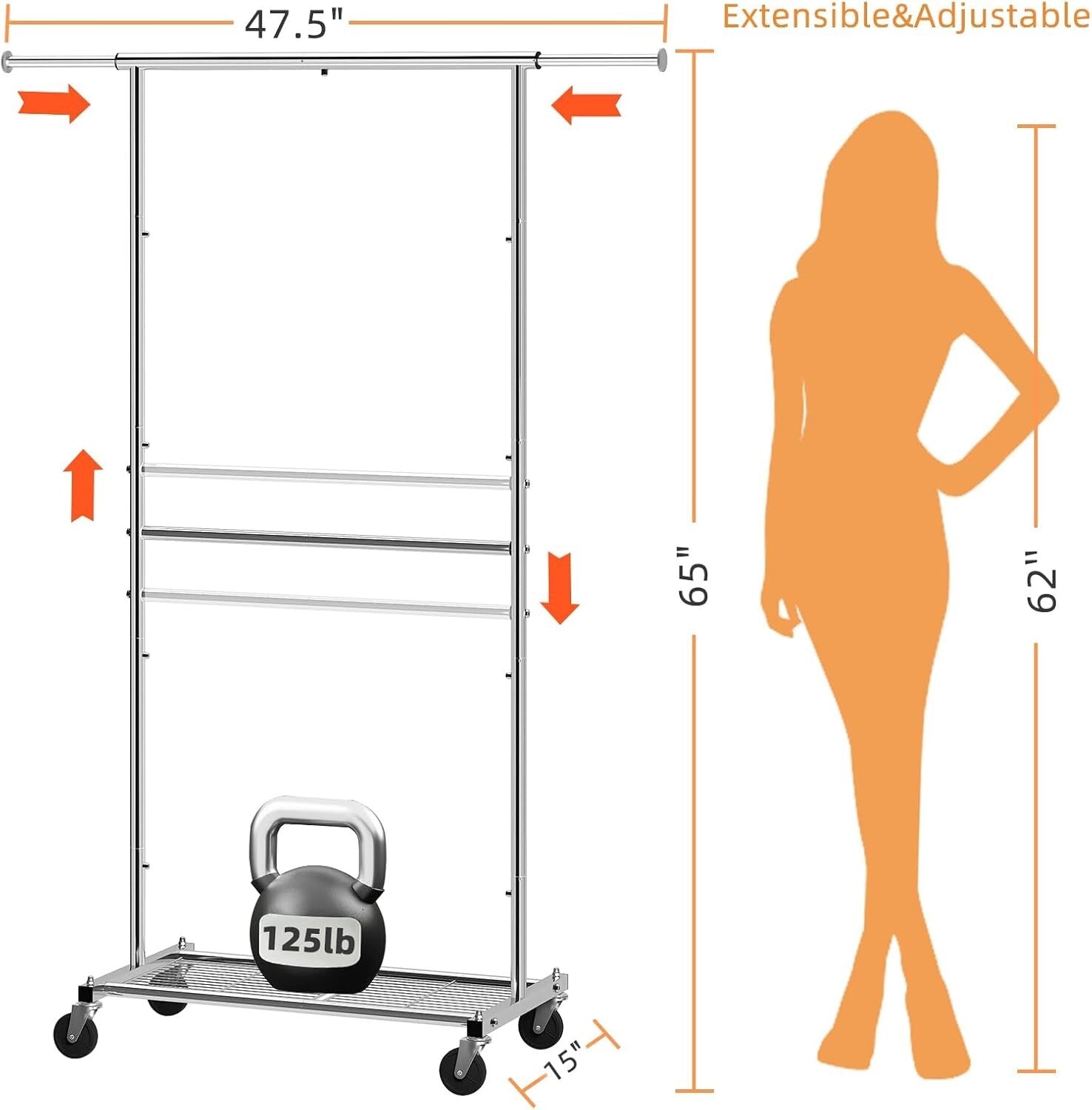 Versatile Rolling Clothes Organizer with Chrome Finish & Adjustable Height Rod