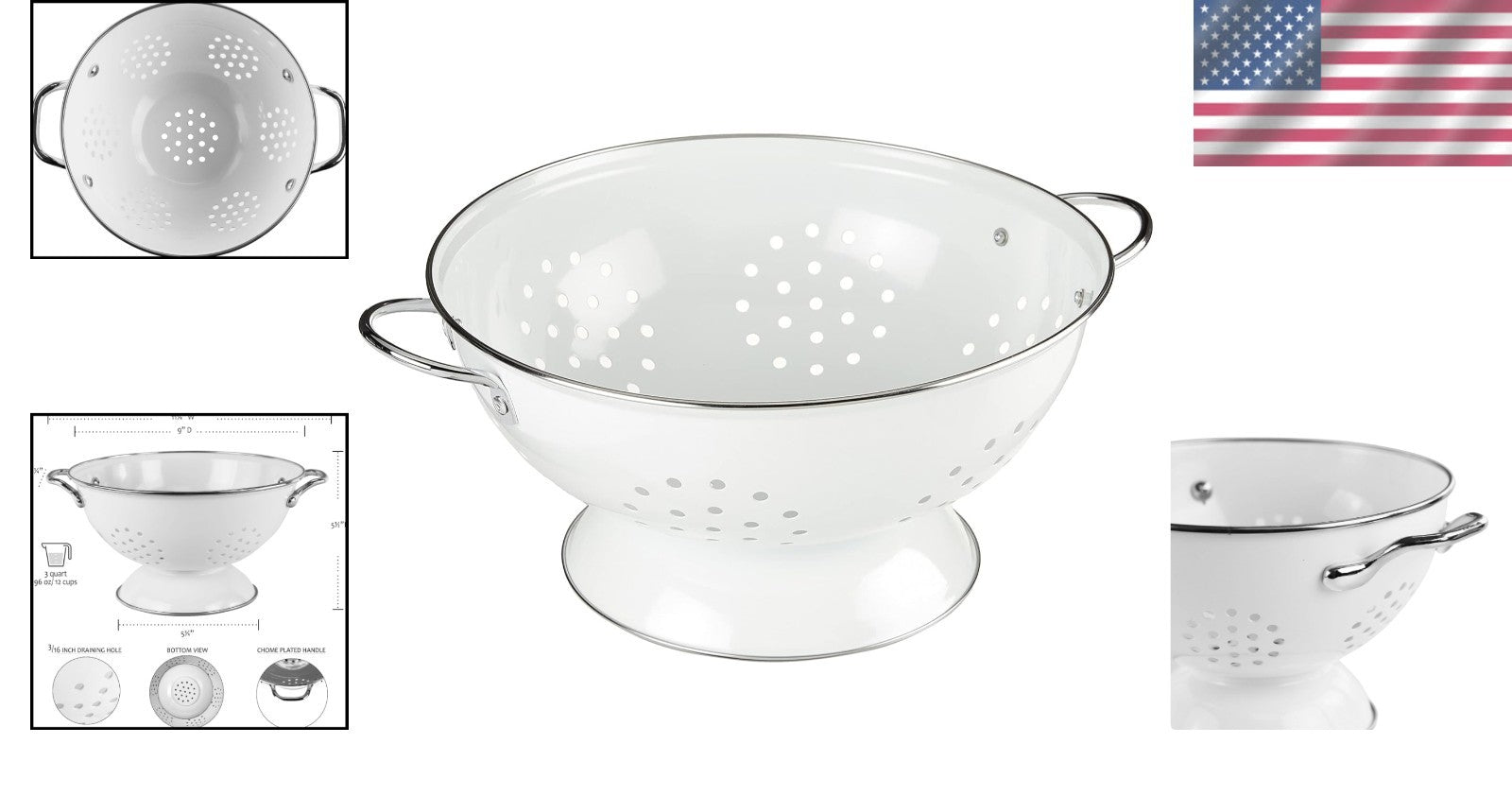 Art Deco 3 Quart Powder Coated Colander - Elegant Kitchen Essential in White