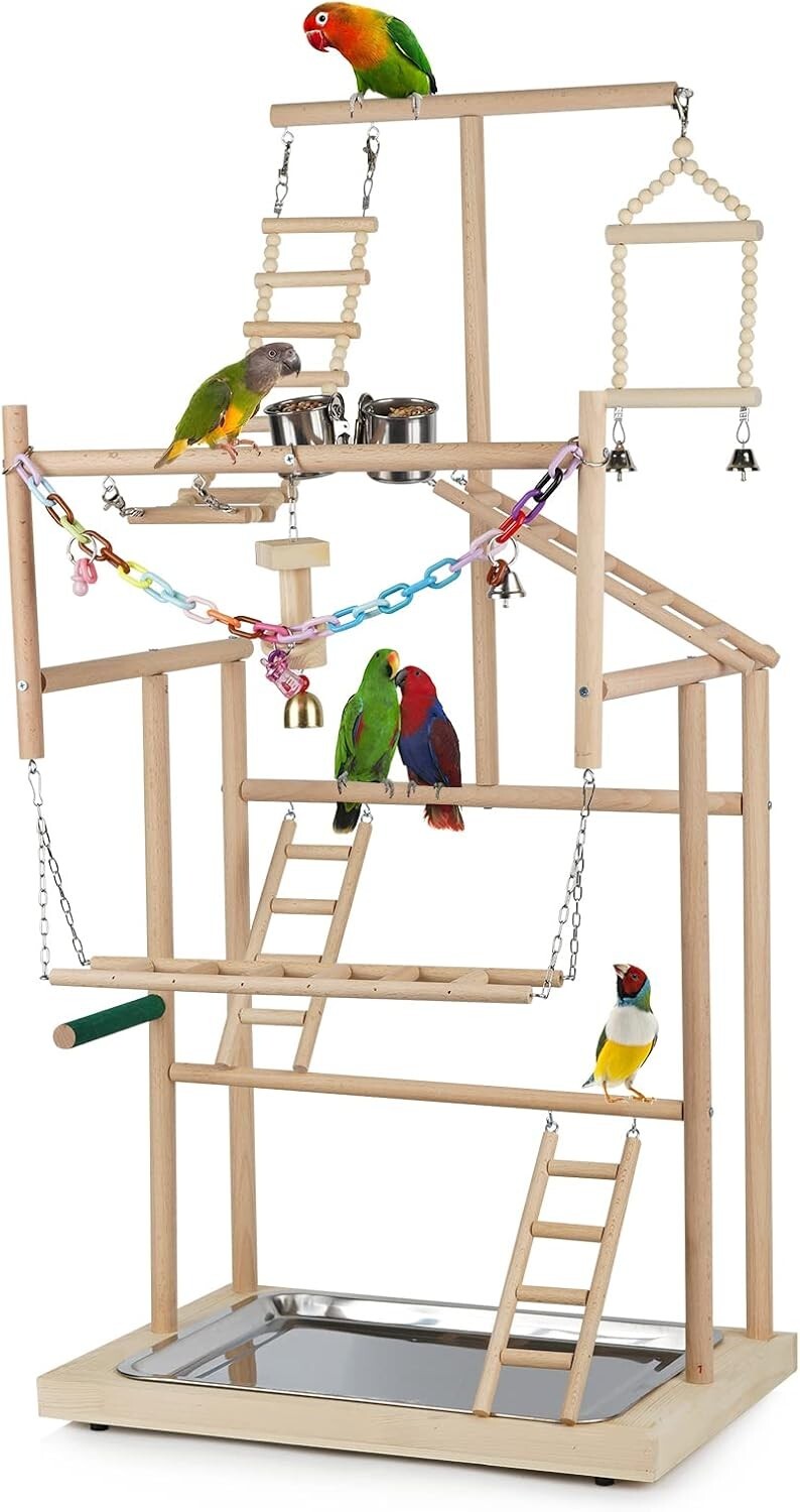 Handcrafted Parrot Play Gym with Perches, Toys & Bells—Ideal for Bird Training