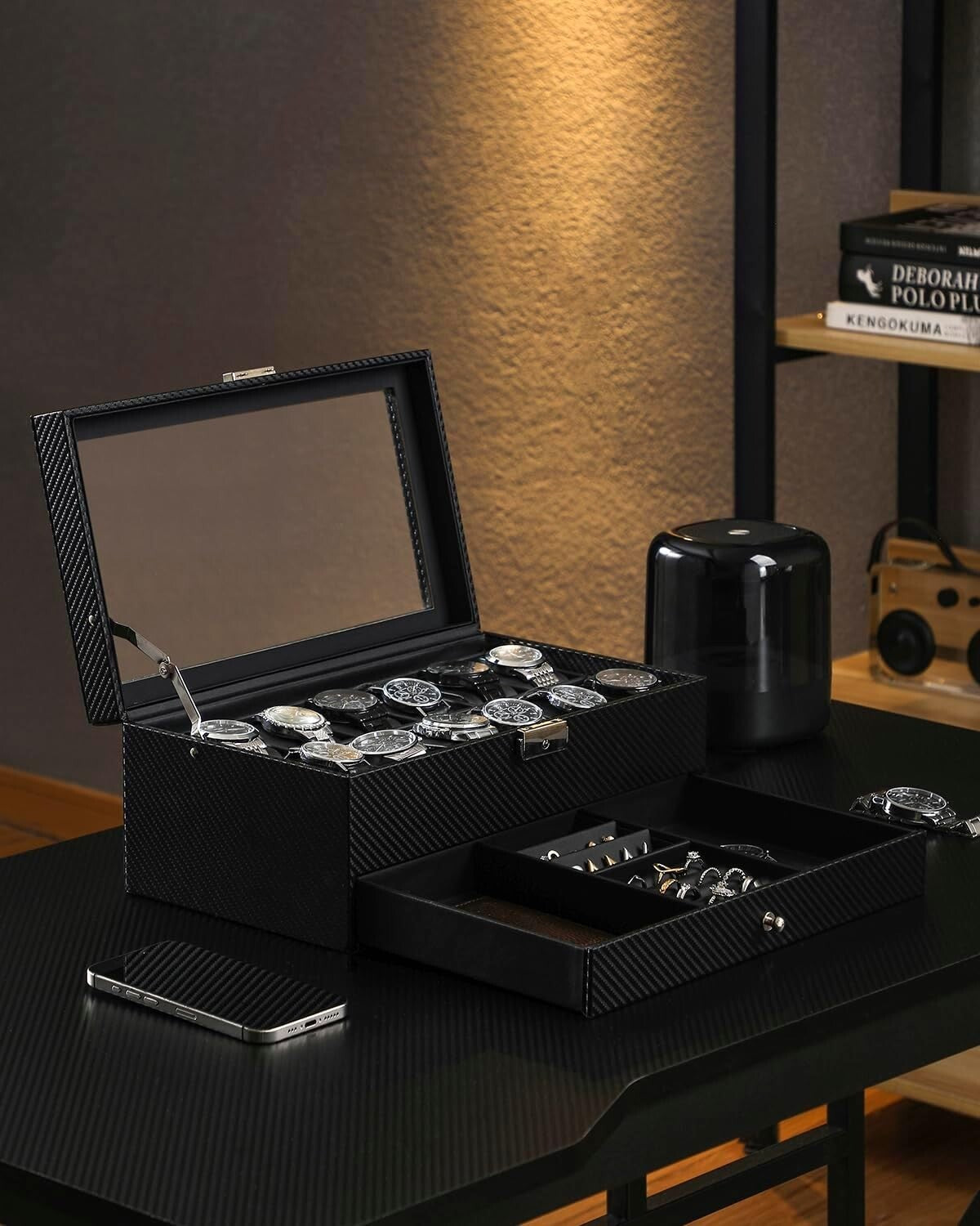 Luxury Faux Leather Watch Box – 12 Slots, Velvet Interior, Ideal Gift for Men