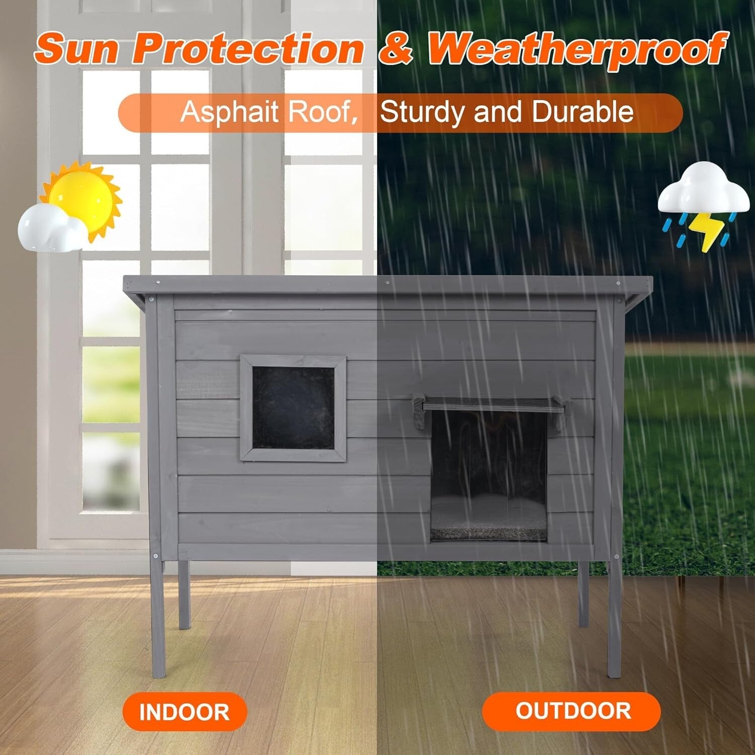 Heated Cat House - Cozy Shelter for Indoor & Outdoor Cats in Grey, Large