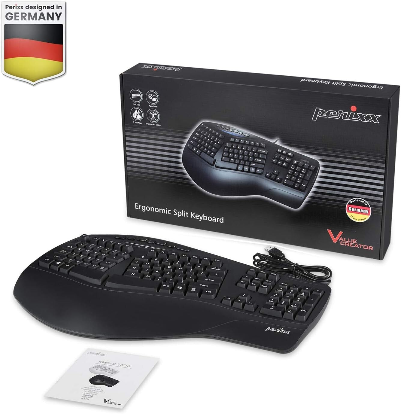 Natural Split Ergonomic Keyboard with White LED - Wired USB & Multimedia Keys