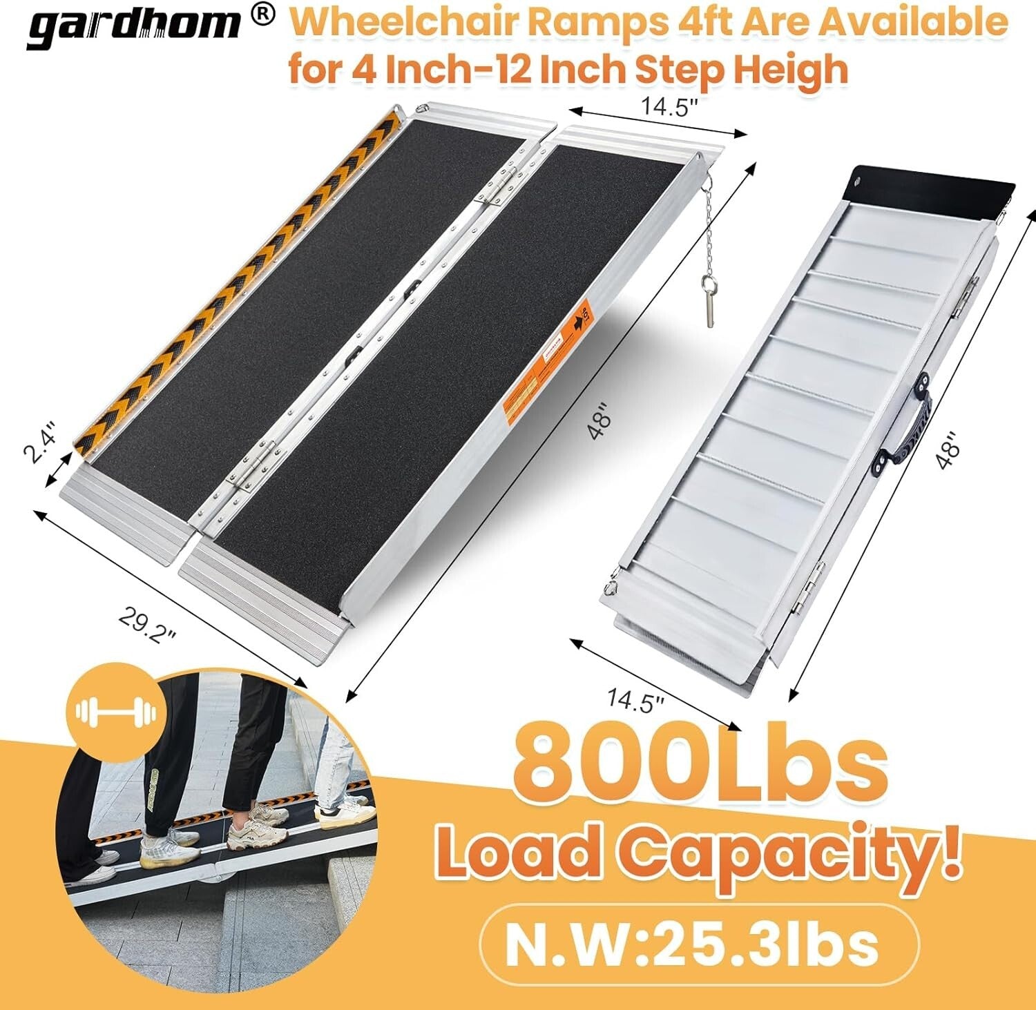 800Lbs Capacity Wheelchair Ramp - 4FT Aluminum, Foldable & Portable for Home Use