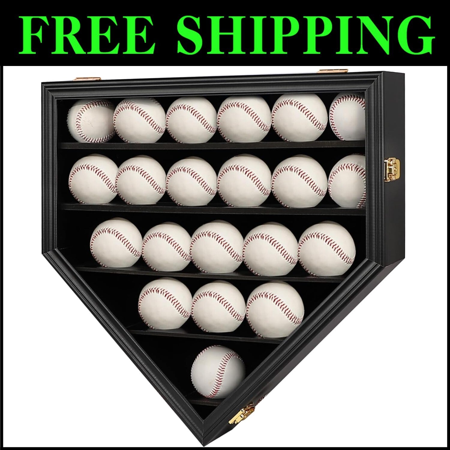 Black Wooden Baseball Display Cabinet with Gold Locks - Perfect for Collectors