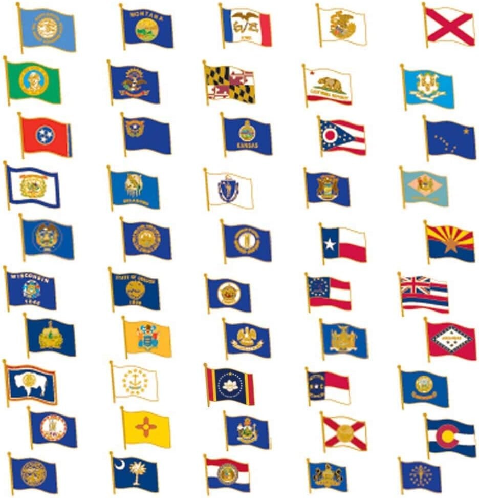 Complete Collection of Gold-Plated State Shape Enamel Lapel Pins – 50 Pack
