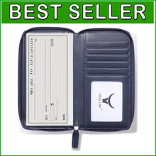 Load image into Gallery viewer, Italian Calfskin Zippered Checkbook Cover with Divider &amp; Card Slots - Dark Blue