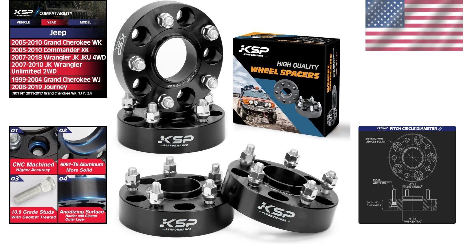 1.5" Thick KSP Wheel Spacers for Jeep - 4 Pcs with 20 Bolts, Vibration-Free Fit