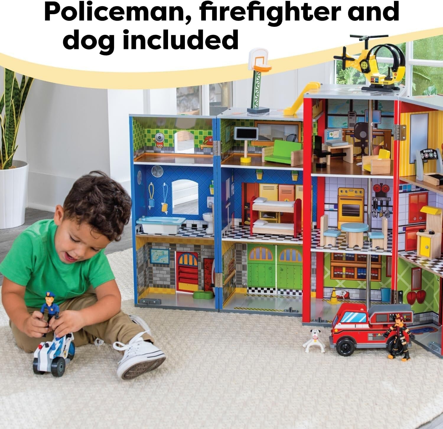 Everyday Heroes 3-Level Wooden Playset with Foldable Design & Firefighter's Pole