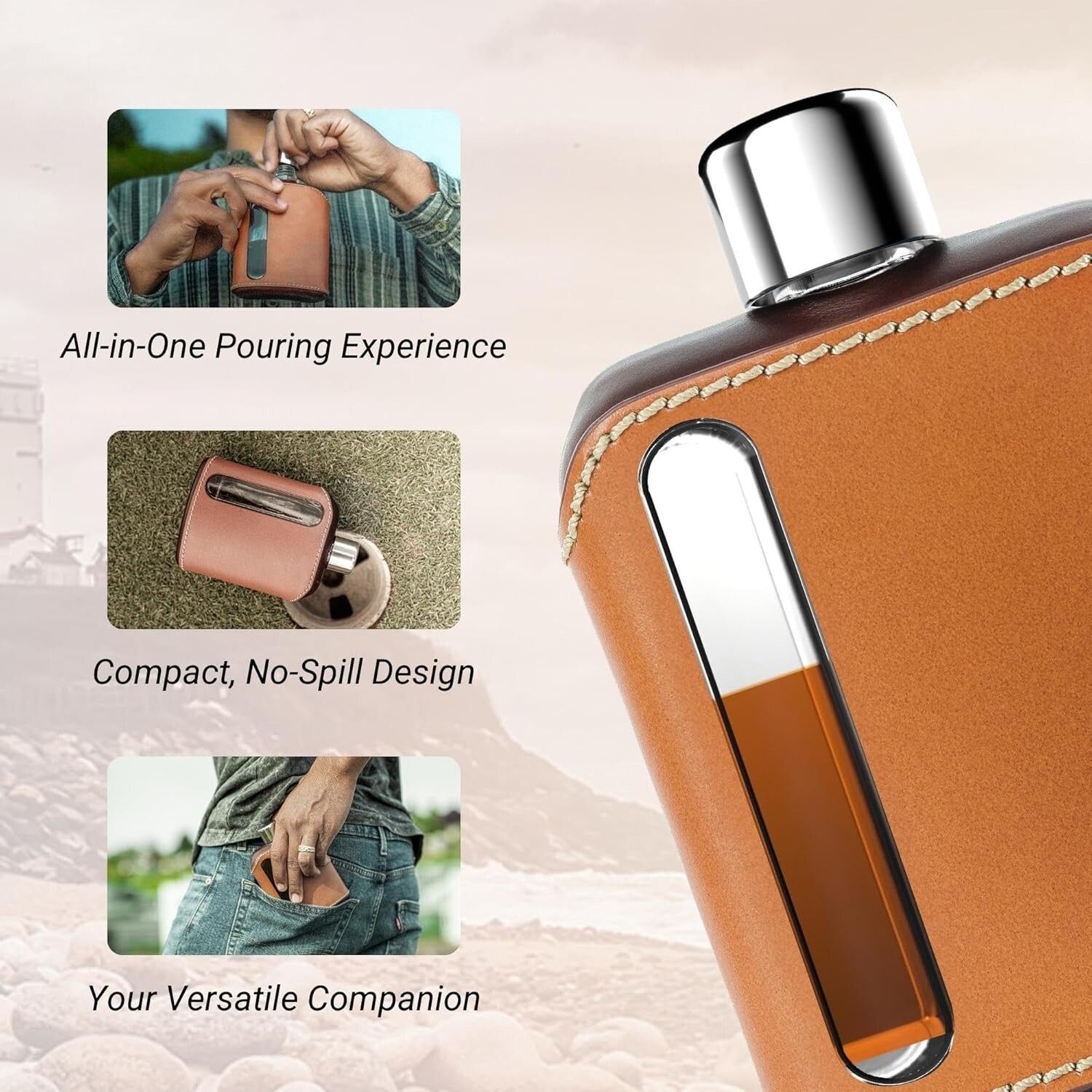 Durable Leather-Covered Glass Hip Flask - Ideal Gift for Spirits Enthusiasts