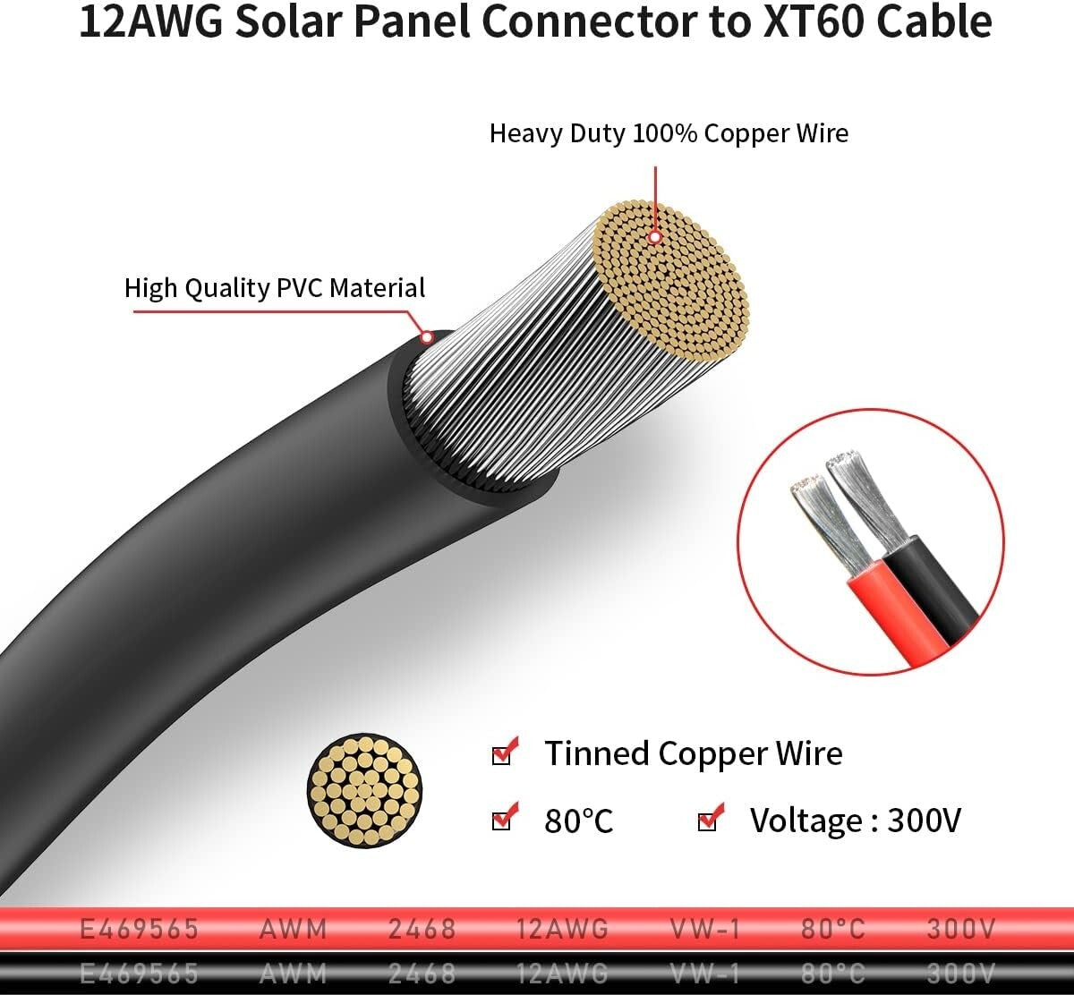 Durable 100FT XT60 to XT60 Solar Panel Connector Cable - High Conductivity