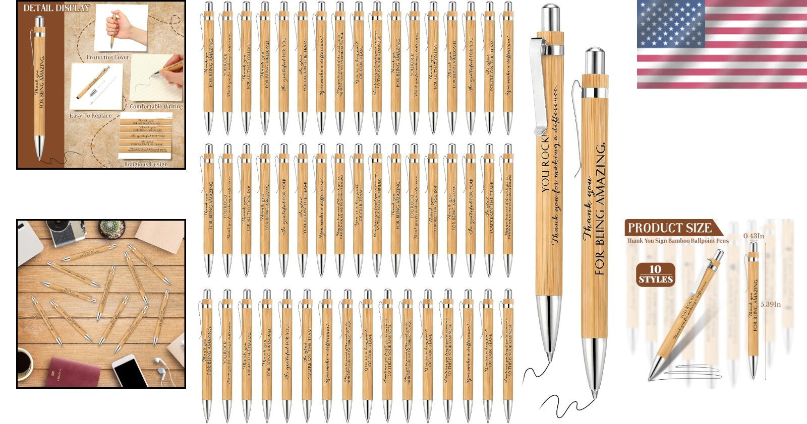 Fine Point Black Ink Bamboo Ballpoint Pens - 10 Styles for Office Motivation