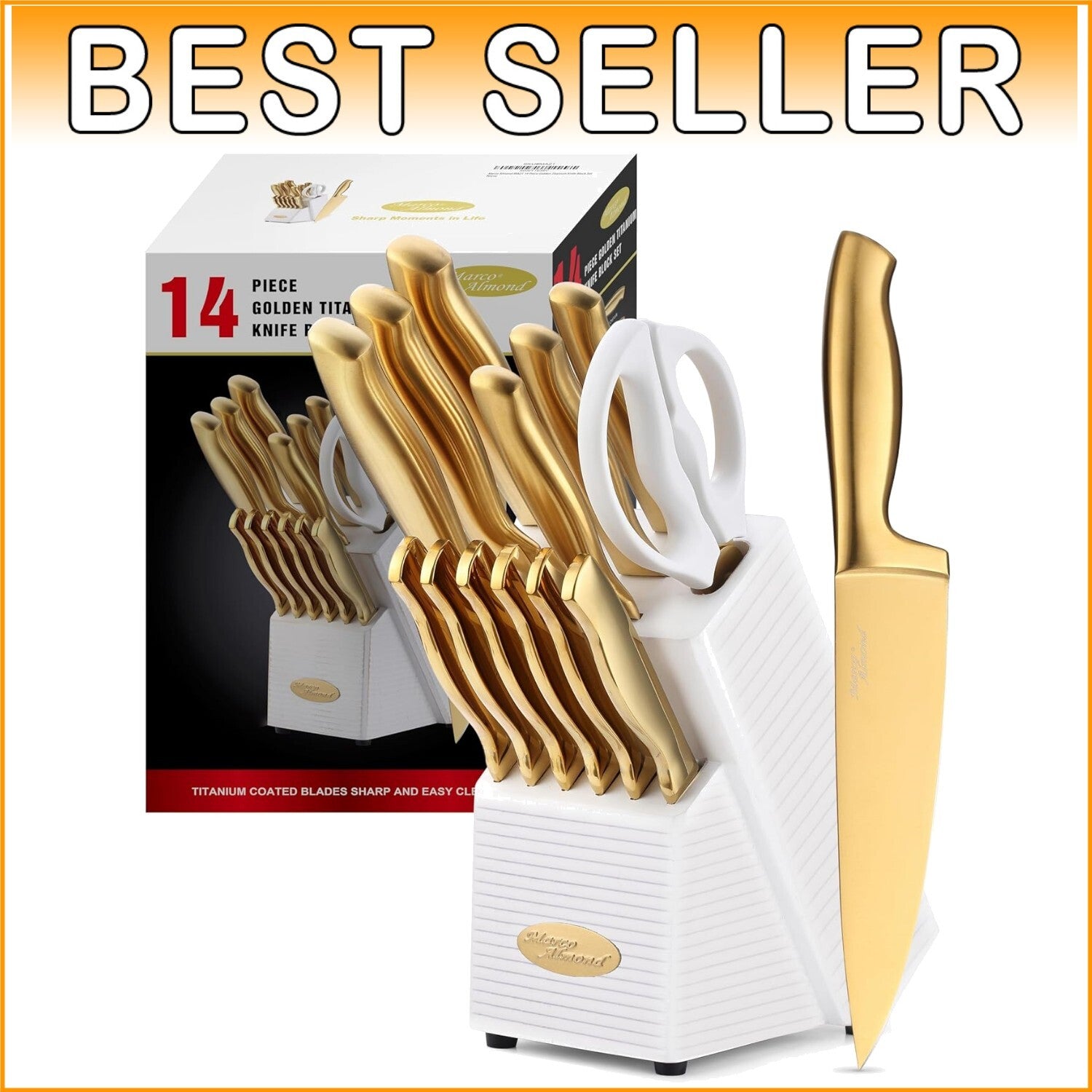 Elegant Gold Knife Set - 14-Piece Titanium Coated Stainless Steel with Block