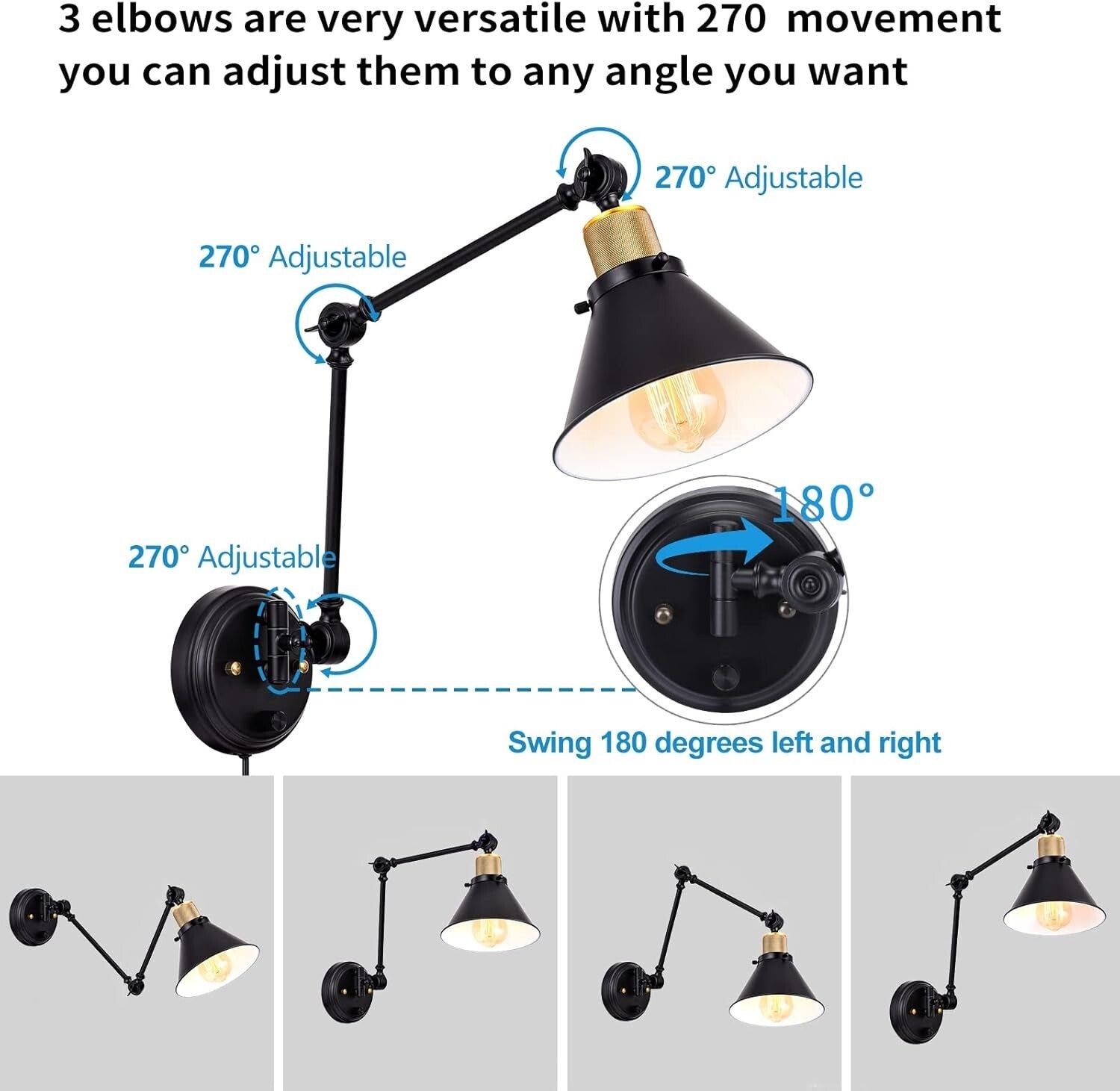 2-Pack Dimmable Wall Sconces with Adjustable Color & Remote - Black Metal Finish