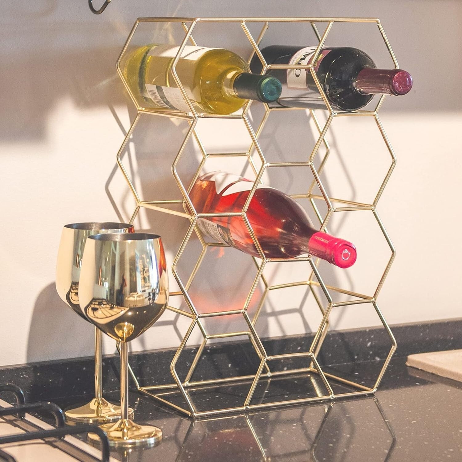 14-Bottle Countertop Wine Rack - Rust Resistant Gold Stand for Kitchen & Pantry