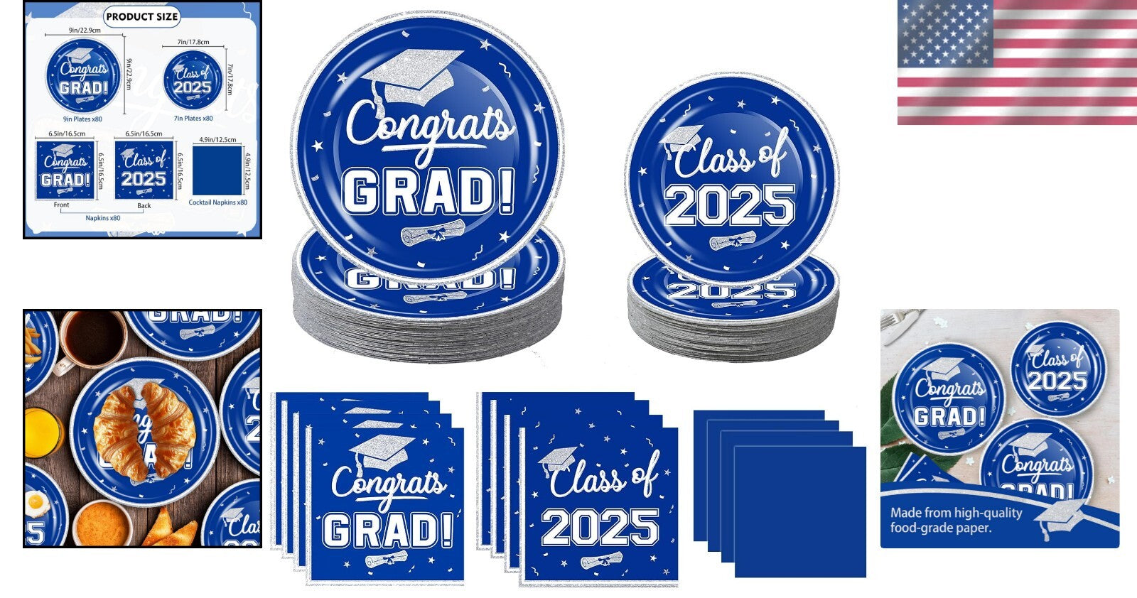 Elegant Blue White Graduation Party Set - 320-Piece Disposable Dinnerware for 80