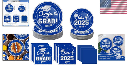 Elegant Blue White Graduation Party Set - 320-Piece Disposable Dinnerware for 80