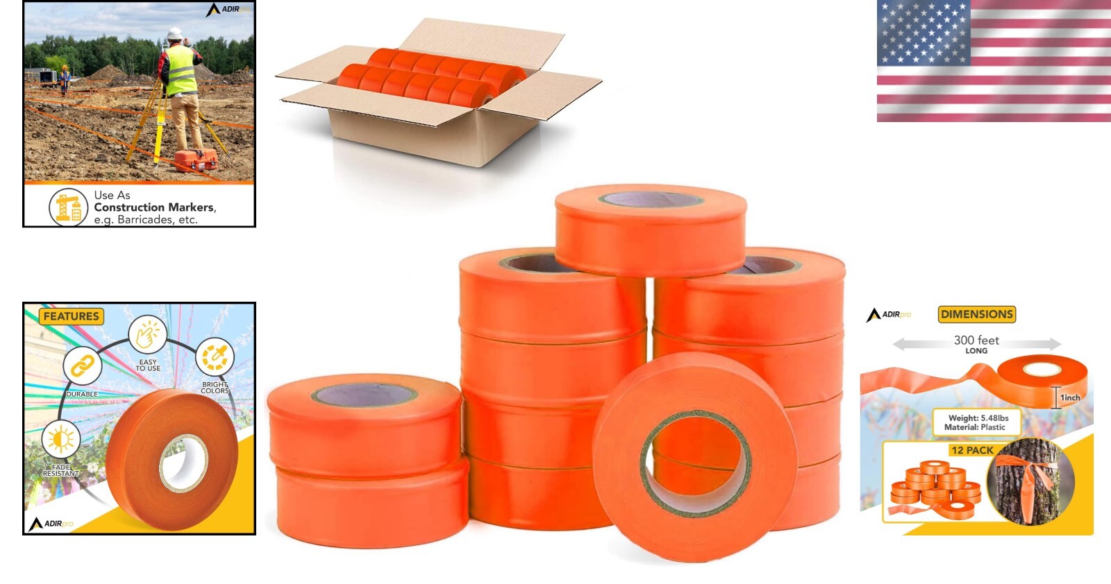 12 Pack Fluorescent Flagging Tape - High Visibility Marking Solution, 300 ft