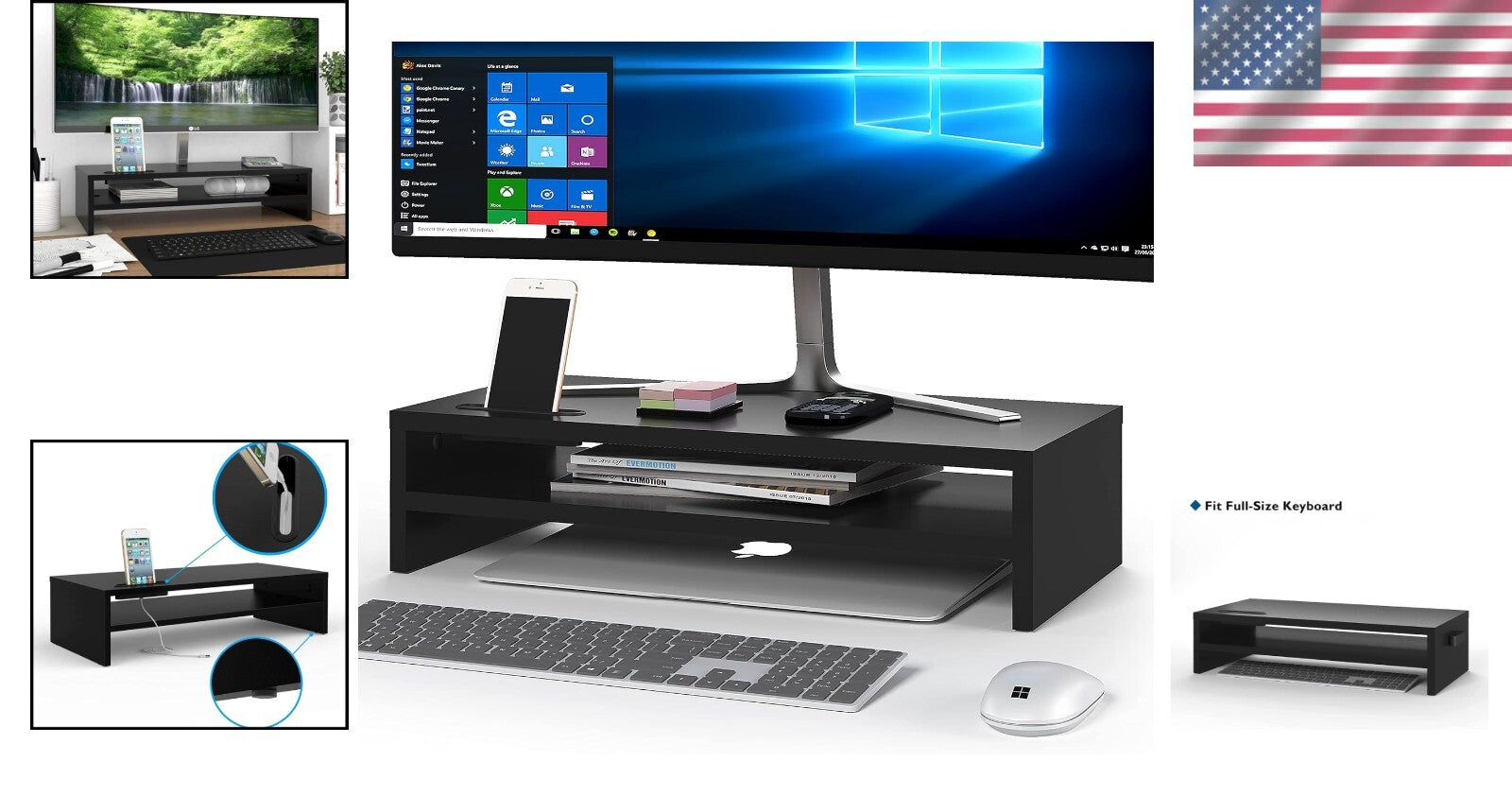 Ergonomic Black Monitor Stand Riser & 2-Tier Organizer with Cellphone Holder