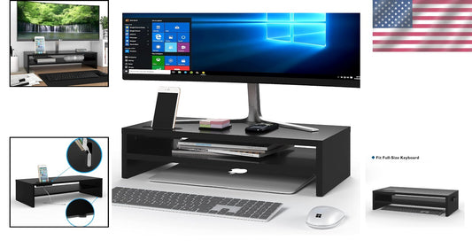 Ergonomic Black Monitor Stand Riser & 2-Tier Organizer with Cellphone Holder